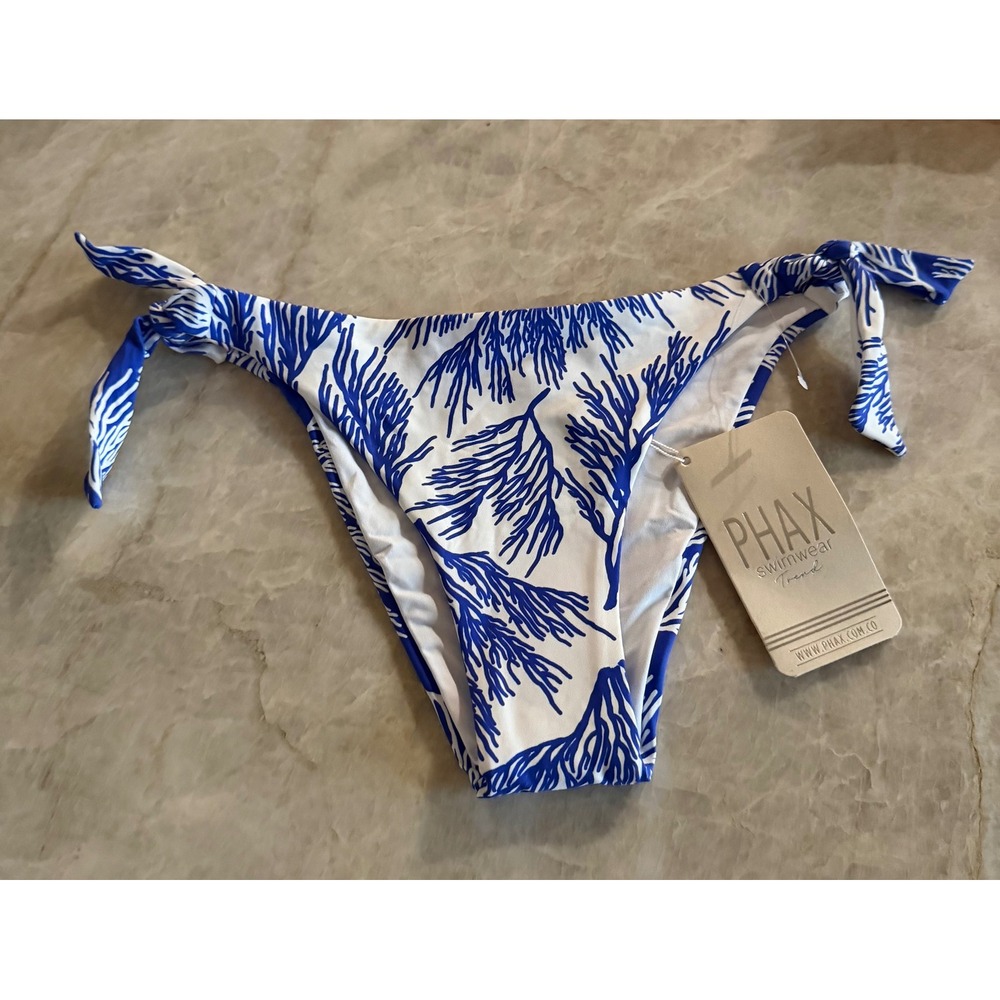 PHAX Swimwear Blue White Coral Side Tie Bikini Bottom Size Medium NWT